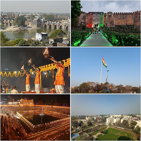 Jaunpur From Top Left to Bottom Right: Shahi Bridge, Shahi Quila, Gomti Arti at Gopighat, Lohia Paryawaran Park, Sheetla Chaukiya Temple, Purvanchal U