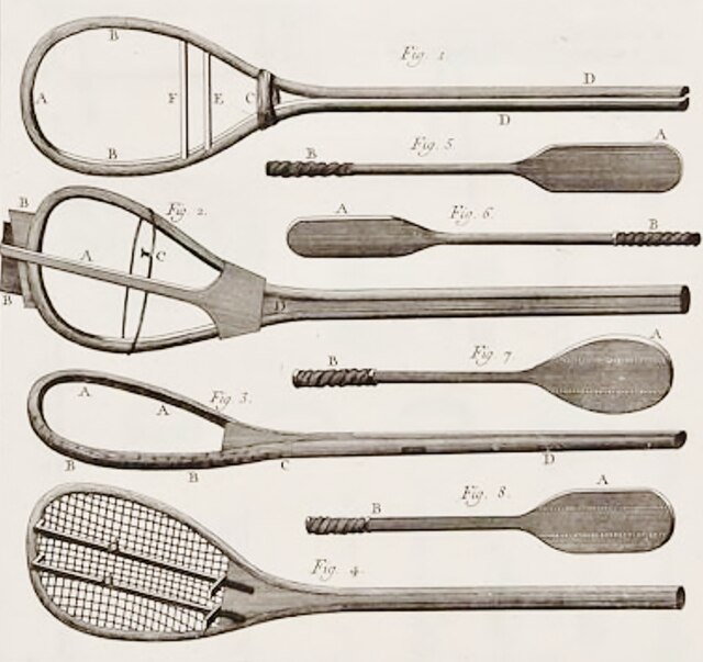 Late 18th-century illustration of jeu de paume paddle-bats or battoirs, and (in various stages of construction) strung racquets.