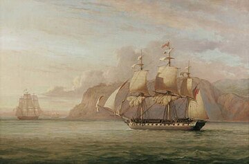 HMS Amelia, John Christian Schetky, 1852, Norwich Castle John Christian Schetky, HMS Amelia Chasing the French Frigate Arethuse 1813 (1852).jpg