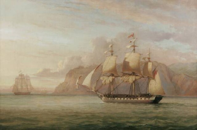 HMS Amelia Chasing the French frigate Aréthuse. Painted in 1852 by John Christian Schetky