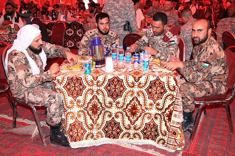 File:Jordanian soldiers eat a meal during the Voices of Moderate Islam reunion at Forward Operating Base Shank in Logar province, Afghanistan, Oct 101014-A-UH396-244.jpg