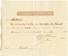 King's College of London subscription certificate for one share to the value of PS100, issued 20 June 1829, registered to Alderman Garratt, 1824 Lord Mayor of the City of London, signed in original by William Cotton as Trustee Kings College London Share 1829.tif