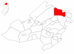 Kinnelon highlighted in Morris County. Inset map: Morris County highlighted in the State of New Jersey.