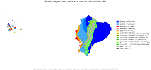 Kaart van Ecuador met de Klimaatclassificatie van Köppen.