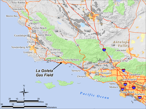 The La Goleta Gas Field in Santa Barbara County, California. Other oil and gas fields are shown in gray. LaGoletaLoc.png