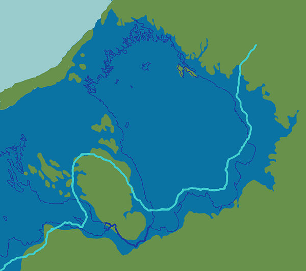 Lake Ladoga as part of the Baltic Ice Lake (between 11200 and 10500 yr BP). The light blue line marks the margin of the ice sheet by 13300 cal yr BP.