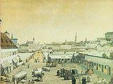 Hölzerne Brücke zwischen dem Linzer Hauptplatz und dem „Platzl“ in Urfahr um 1830.