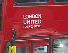 A London United bus bearing the logo of the RATP Group London United RATP.jpg