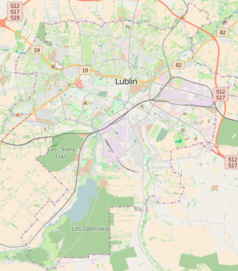 Mapa konturowa Lublina, blisko centrum u góry znajduje się punkt z opisem „Katolicki Uniwersytet LubelskiJana Pawła II”
