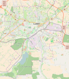 Mapa konturowa Lublina, na dole po lewej znajduje się punkt z opisem „Lublin Zemborzyce”