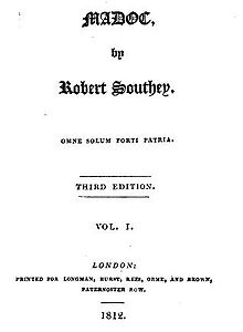 Title page of the third edition, 1812 Madoc titlepage.jpg