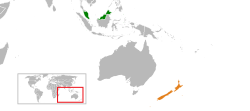 Map indicating locations of Malaysia and New Zealand