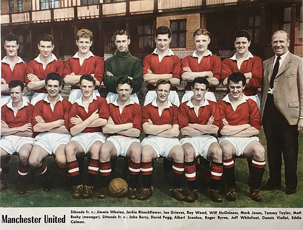 Manchester United F.C. in 1957 – from the left, standing: Liam Whelan, Jackie Blanchflower, Ian Greaves, Ray Wood, Wilf McGuinness, Mark Jones, Tommy 