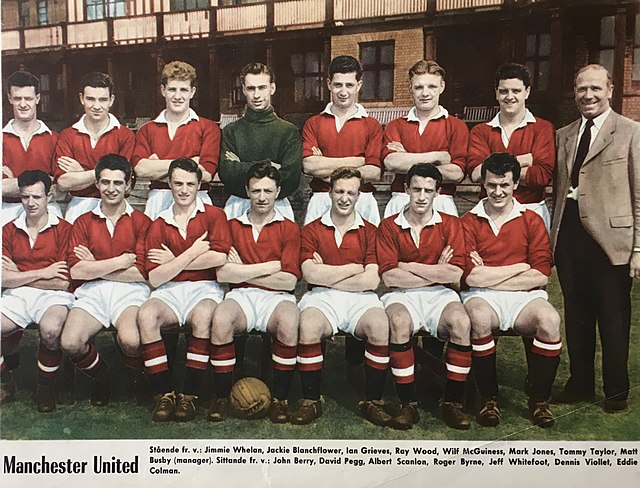 Manchester United F.C. in 1957 – from the left, standing: Liam Whelan, Jackie Blanchflower, Ian Greaves, Ray Wood, Wilf McGuinness, Mark Jones, Tommy 