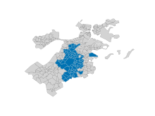 A map of Boston, Massachusetts, USA highlighting in blue the precincts that would have been included in the proposed new city of Mandela, Massachusetts. Mandela precincts.svg