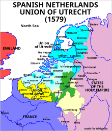 Map of the Spanish Netherlands, the Union of Utrecht and the Union of Arras (1579) Map Union of Arras and Utrecht 1579-en.svg