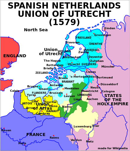 Map of the Spanish Netherlands, the Union of Utrecht and the Union of Arras (1579)