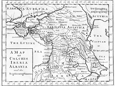 Antik Yunan kaynaklarına isnaden hazırlanmış olan bu haritada, Moshi bölgesi Kolhis'in güney civarlarında yer almaktadır. Londra - 1770'ler