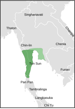 Territory of Tun Sun (1st-6th centuries CE) and the neighbors.
Dark Green: Territory before gaining independence from Funan, proposed by Lawrence Palmer Briggs in 1950;: 260 Light Green:  As Lang-chia, territory expanded after gaining independence, proposed by George Cœdès in 1924: 269 