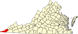 map of Virginia highlighting Lee County