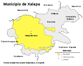 Lage der Stadt Xalapa (gelb) im Municipio