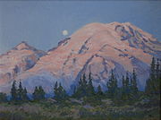 Moon Set and Sunrise Glow by Mary Agnes Yerkes, 1964, oil on canvas board.