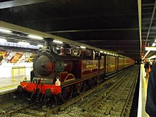 A heritage Metropolitan steam train at Moorgate station in 2014 Metropolitan Railway E Class - Train (Moorgate).JPG