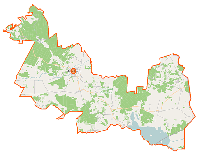 Mapa konturowa gminy Michałowo, blisko centrum na lewo znajduje się punkt z opisem „Cerkiew św. Mikołaja”