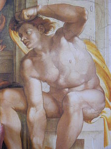 Teto da Capela Sistina de Michelangelo - Criação do homem Ignudo1.JPG