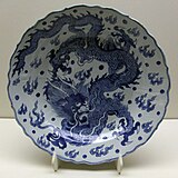 Blue-and-white porcelain plate with a dragon, Ming dynasty