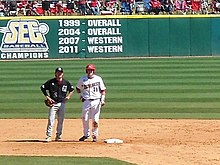 Frazier (left) with the Mississippi State Bulldogs Mississippi State at Arkansas baseball 2013, 014.jpg