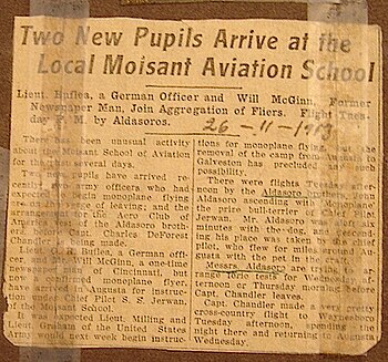 Newspaper clipping from 26 February 1913 describing the arrival of two new pupils, the Aldasoro Brothers, to the Moisant Aviation School MoisantPupils 1913.jpg