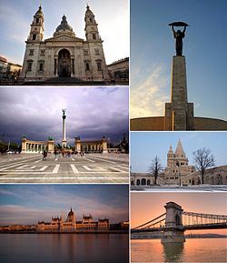 Budapest Fentről, balról jobbra: a Szent István-bazilika, a Szabadság-szobor, a Hősök tere, a Halászbástya, az Országház és a Lánchíd