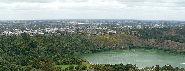 View north across Valley Lake and Marist Park to the eastern urban area of Mount Gambier from Centenary Tower