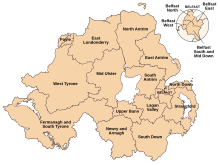 Map of the 18 revised constituencies. NI Parliamentary Constituencies 2024.svg