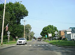Looking east along NY 370 (Second Street) in Liverpool