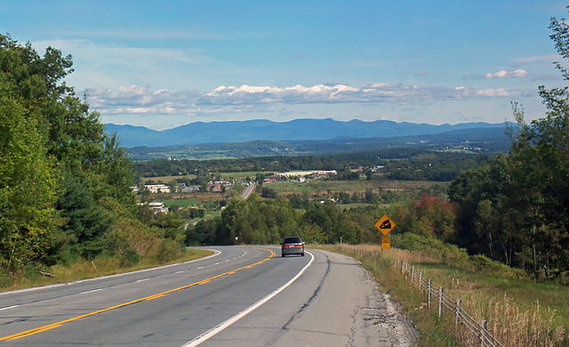 View towards Vermont as NY 74 descends to Ticonderoga