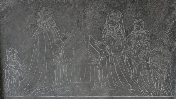 Etched stone mural monument to Nathaniel Still (d. 1626) in Hutton Church, Somerset