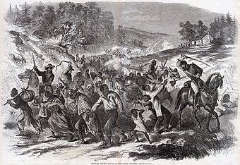 This November 1862 Harper's Magazine illustration shows Confiderate Army troops escorting captured African American civilians south into slavery. En route to Gettysburg, the Army of Northern Virginia kidnapped approximately 40 black civilians and sent them south into slavery.[16][17][18]