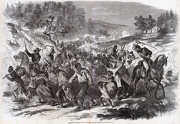 This November 1862 Harper's Magazine illustration shows Confederate Army troops escorting captured African American civilians south into slavery. En r