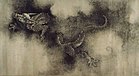 Et landskapsorientert maleri av en drage som driver gjennom skyer.  Maleriet er utført helt i svart, hvitt og grått.