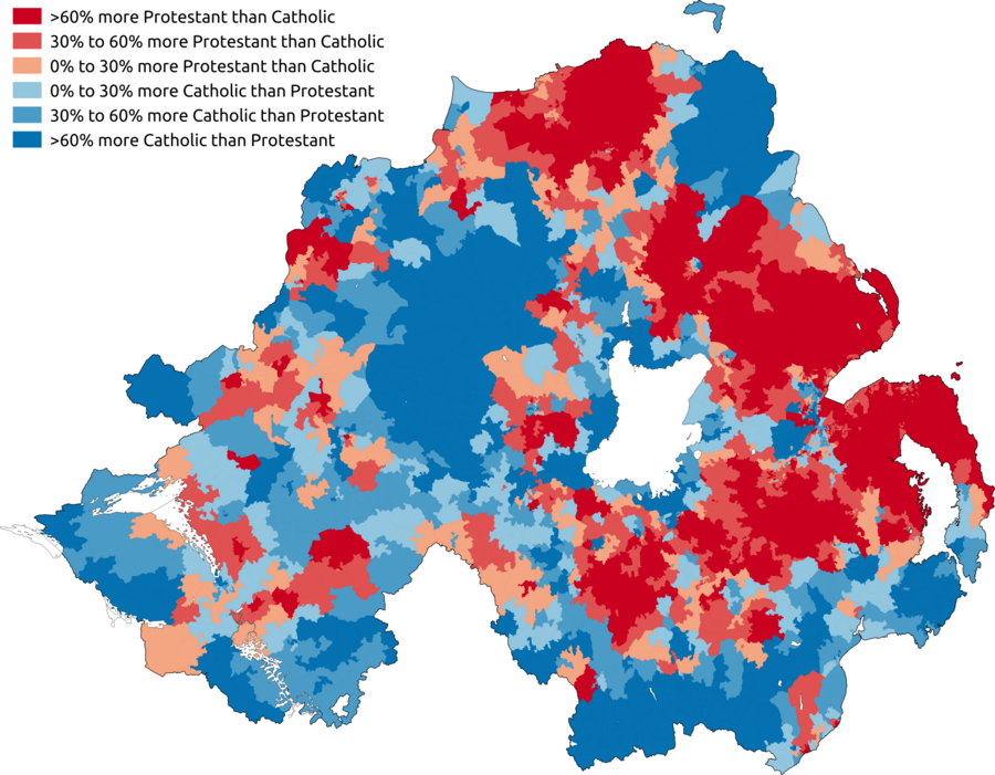 Map of religion or religion brought up in from the 2011 census in Northern Ireland. Stronger blue indicates a higher proportion of Catholics. Stronger red indicates a higher proportion of Protestants.