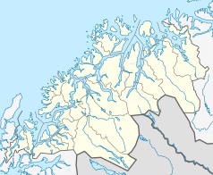 Mapa konturowa Tromsu, blisko centrum u góry znajduje się punkt z opisem „Katedra w Tromsø”