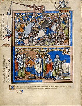 A Siege, Samuel crowns Saul king, and they sacrifice together. Old Testament miniatures with Latin, Persian, and Judeo-Persian inscriptions - Google Art Project.jpg