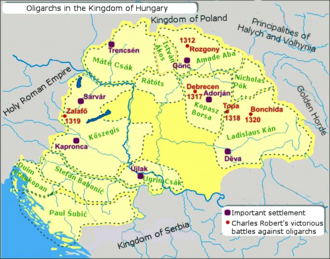 The provinces ruled by the "oligarchs" (powerful lords) in the early 14th century Oligarchs in the Kingdom of Hungary.png
