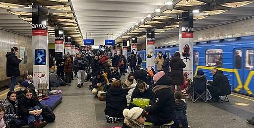 Station of Kyiv Metro, converted into a shelter after Russian invasion of Ukraine (2022). Photo from Kiev City Council (kmr.gov.ua). Creative Commons Attribution 4.0 International License.