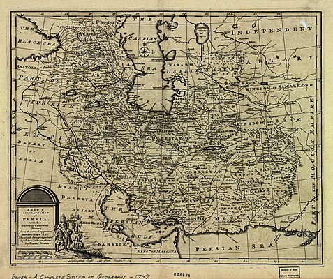 Map of Iran in Afsharid dynasty drawn by Emanuel Bowen in 1747