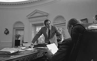 White House Chief of Staff Donald Rumsfeld with President Gerald Ford at the Oval Office, White House.
