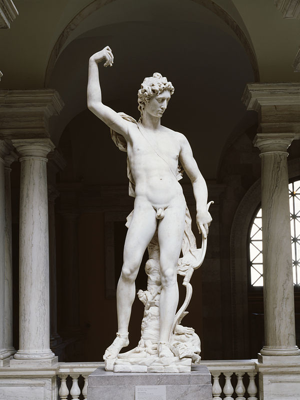 Sculpture by Pietro Francavilla of Apollo's first triumph, when he slew with his bow and arrows the serpent Python, which lies dead at his feet. The W