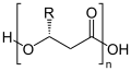 Deutsch: Allgemeine Struktur der Poly-(R)-3-hydroxyalkanoate English: Generic structure of the poly-(R)-3-hydroxyalkanoates